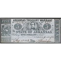 1863 $5 Arkansas Treasury Warrant Obsolete Note
