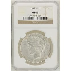 1922 $1 Peace Silver Dollar Coin NGC MS63