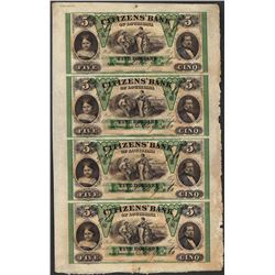 Uncut Sheet of 1800's $5 Citizens Bank of Louisiana Obsolete Notes