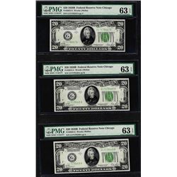 Lot of (3) 1928B $20 Federal Reserve Notes Fr.2052-G PMG Choice Uncirculated 63E