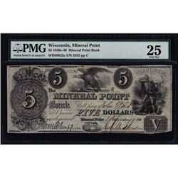 1840 $5 Mineral Point Bank Wisconsin Obsolete Note PMG Very Fine 25