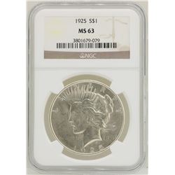 1925 $1 Peace Silver Dollar Coin NGC MS63