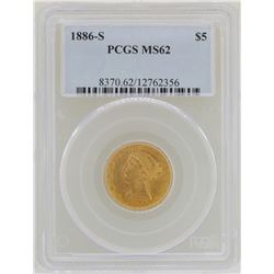 1886-S $5 Liberty Head Half Eagle Gold Coin PCGS MS62