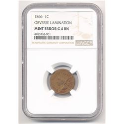 1866 1C INDIAN CENT OBVERSE LAMINATION NGC MINT ERROR G4 BN ML1