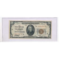 1929 $20 US NATIONAL CURRENCY SAN FRANCISCO BROWN SEAL FEDERAL RESERVE NOTE
