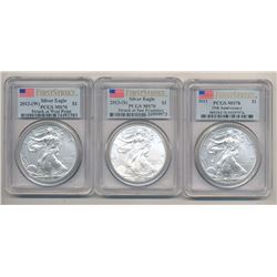 LOT OF (3) FIRST STRIKE PCGS MS 70 AMERICAN SILVER EAGLES 2011/ 2012-W/ AND 2013-S
