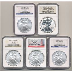 LOT OF (5) AMERICAN SILVER EAGLES ALL GRADED BY NGC MIXED DATES AND GRADE GREAT COLLECTION LOT