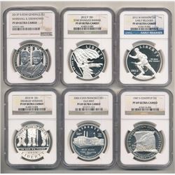 GREAT COLLECTION MIX LOT OF (6) COMMEMORATIVE PROOF SILVER DOLLARS ALL NGC PF 69 ULTRA CAMEO