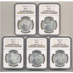 LOT OF (5) MIXED YEARS & GRADE MORGAN SILVER DOLLARS NGC BROWN LABEL 80-S/81-S/81-S/84-O/85
