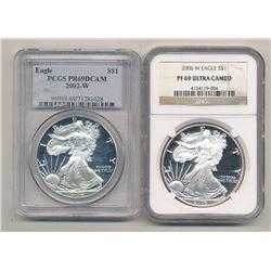 LOT OF (2) NGC PROOF 69 AMERICAN SILVER EAGLES PCGS & NGC 2002-W & 2006-W