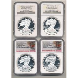 LOT OF (4) PERFECT PROOF 70 ULTRA CAMEO SILVER EAGLES NGC 2011-W/ 2012-W/ 2017-S/ 2017-S