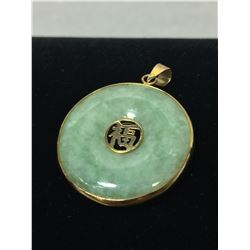 14k YELLOW GOLD ASIAN INSPIRED, BEVELED JADE ROUND PENDANT