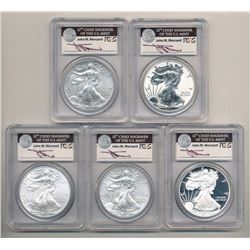 2011 JOHN M. MERCANTI SIGNATURE SILVER EAGLE 5-COIN SET 25TH ANNIVERSARY ALL PCGS GRADED 70 PERFECT