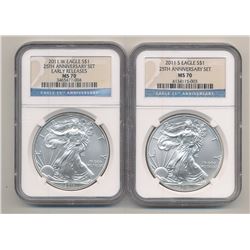 2011-W & S SILVER EAGLE 2-COIN SET 25TH ANNIVERSARY NGC MS 70