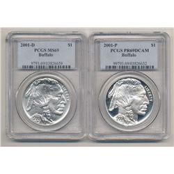 LOT OF (2) 2001-P& D AMERICAN BUFFALO SILVER DOLLAR PCGS PR69 DCAM & MS 69