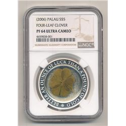 2006 $5 PALAU FOUR-LEAF CLOVER LUCK PROOF SILVER COIN NGC PF 64 ULTRA CAMEO