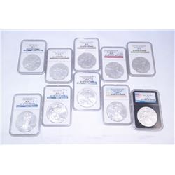 LOT OF (10) MIXED YEARS AMERICAN SILVER EAGLES ALL GRADED BY NGC MS 70'S 2010-2014