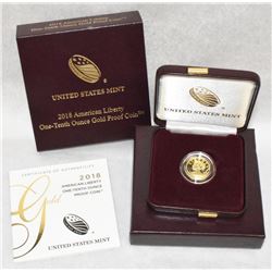 2018 US MINT AMERICA LIBERTY 1/10TH OZ PROOF GOLD COIN WITH BOX AND COA OGP