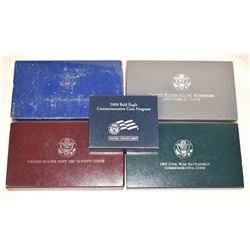 LOT OF (5) US MINT COMMEMORATIVE SILVER DOLLAR SETS ALL IN ORIGINAL BOX & COA