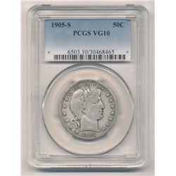 Rare DATE 1905-S PCGS VG10 Barber Half dollar