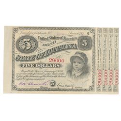 1876 Louisiana 5 Dollar Baby Bond with Coupons