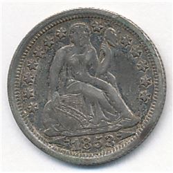1853 with Arrows Liberty Seated Dime Choice AU 58+ Super Slider