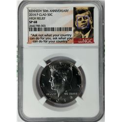 KENNEDY 50TH ANNIVERSARY 2014 P CLAD 50C HIGH RELIEF SP68 NGC