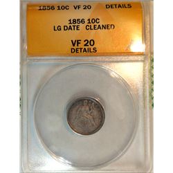 1856 10C VF20 DETAILS LG DATE CLEANED ANACS SEATED LIBERTY DIME