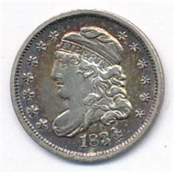 1834 HALF DIME with BULLSEYE RAINBOW COLOR, AU58 condition Capped Bust half dime.