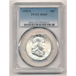 1953-S FRANKLIN SILVER HALF DOLLAR PCGS MS 65