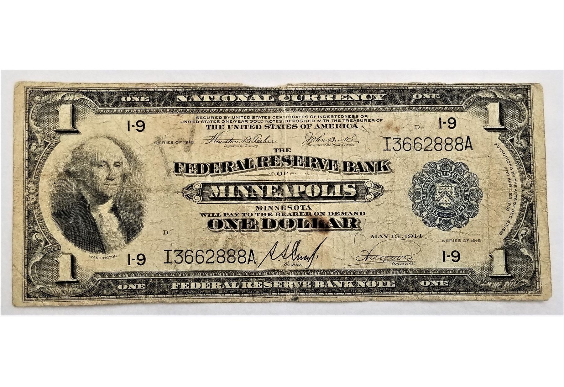 1914 federal reserve bank $1 note Minneapolis George Washington blue seal