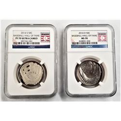 2014-S 50c Baseball HOF PF 70 Ultra Cameo NGC & 2014-D 50c Baseball HOF MS 70 NGC