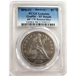 1870-CC MINT ERROR $1 PCGS GENUIN GRAFFITI - XF DETAILS 60 DEGREE CW ROTATED DIES SEATED LIBERTY
