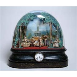 GLASS DOMED DIORAMA AUTOMATON WITH CLOCK ON EBONIZED BASE