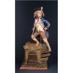 FRENCH BISQUE HEAD AUTOMATON OF FRENCH SOLDIER WITH TRUMPET IN HAND