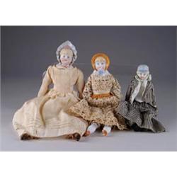 LOT OF THREE 7-1/2” – 12-1/2” BONNETTED DOLLS