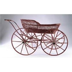 ANTIQUE WICKER BABY CARRIAGE WITH WOODEN WHEELS