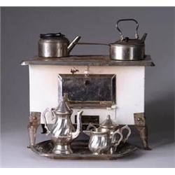 LOT OF DOLL’S STOVE, SINK, TEA SET & DISHES