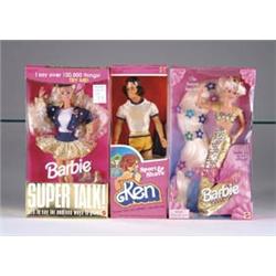 LOT OF 19 BARBIES IN BOXES & 3 BARBIE CASES W/ PLAYED-WITH DOLLS & CLOTHES