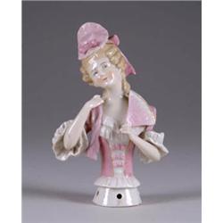 6-1/2in. FANCY GERMAN PIN CUSHION OF LADY HOLDING FAN