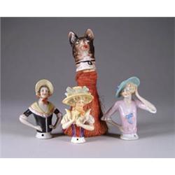 LOT OF THREE 4in. +/- PINCUSHIONS ALONG WITH DOG WHISK BROOM