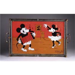 EARLY PIE-EYED MICKEY AND MINNIE REVERSE ON GLASS TRAY