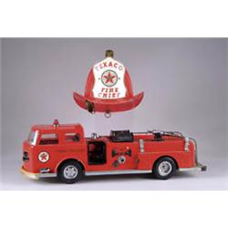 LARGE TEXACO FIRETRUCK AND HELMET