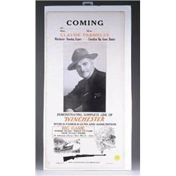 WINCHESTER ADVERTISING POSTER FOR “CLAUDE CARNELEE”, ONE OF WINCHESTER’S TRAVELING SHOOTING EXPERTS