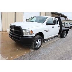 2013 DODGE 3500 Flatbed Truck; VIN/SN:3C7WRSCT0DG565158 -:- crew cab, V8 gas, A/T, AC, 9' flatbed bo