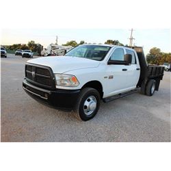 2012 DODGE 3500 Flatbed Truck; VIN/SN:3C7WDSCT2CG245613 -:- crew cab, V8 gas, A/T, AC, 9' flatbed bo
