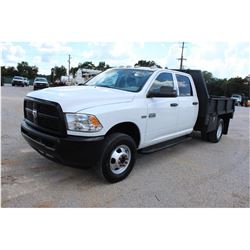 2012 DODGE 3500 Flatbed Truck; VIN/SN:3C7WDSCT2CG232148 -:- crew cab, V8 gas, A/T, AC, 9' steel flat