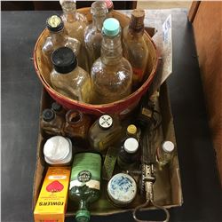 Tray Lot: Confectioner/Apothecary Items (Bottles, General Store Wares, Apple Basket, Egg Beaters, et