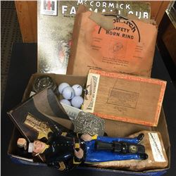 Tray Lot - Man Cave Grouping : McCormick Farmall Cub Sign, Bourbon Decanter (no Lid), Duck Call, Bel