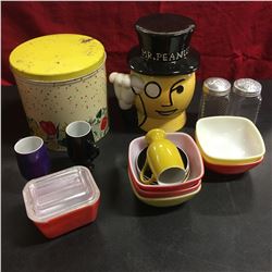 Tray Lot: Mr Peanut Cook, Canister Set, Pyrex Bowls, S&P, etc